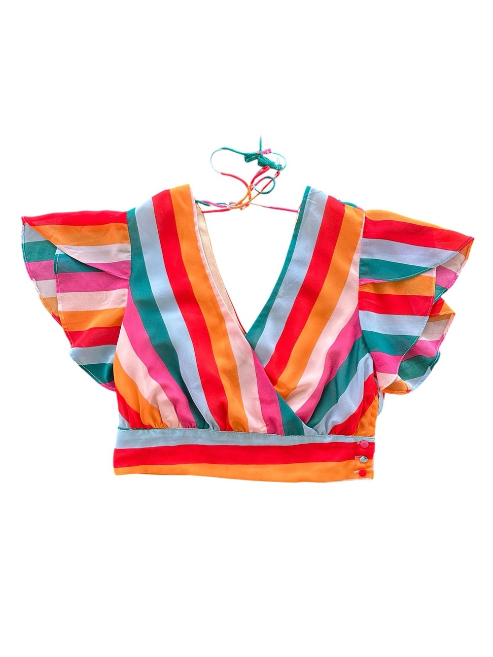 AQUA Rainbow Stripe Flutter Sleeve V-Neck Crop Top | Size S